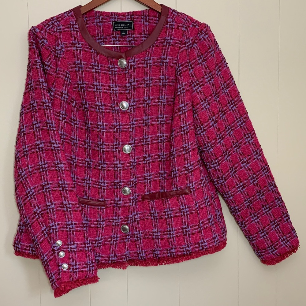 G By Giuliana Timeless Tweed Black Label Raw Hem Jacket Size L Hot Pink Barbie
